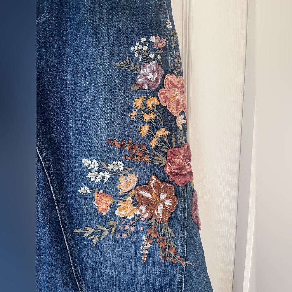 Driftwood Floral Embroidered Blue Jeans Maxi Skirt - Picture 2 of 6